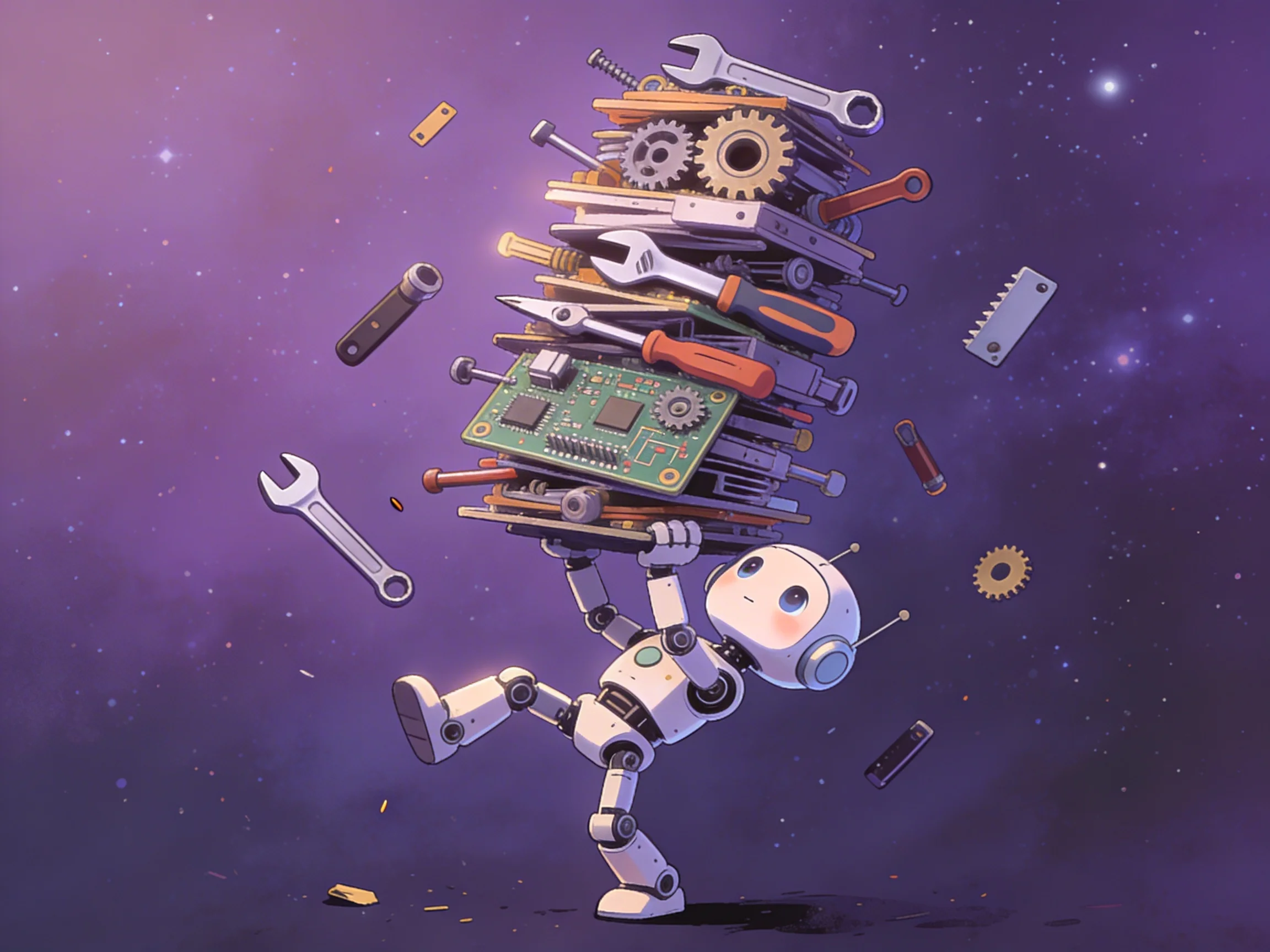 Clumsy robot carrying a tall stack of tools and parts