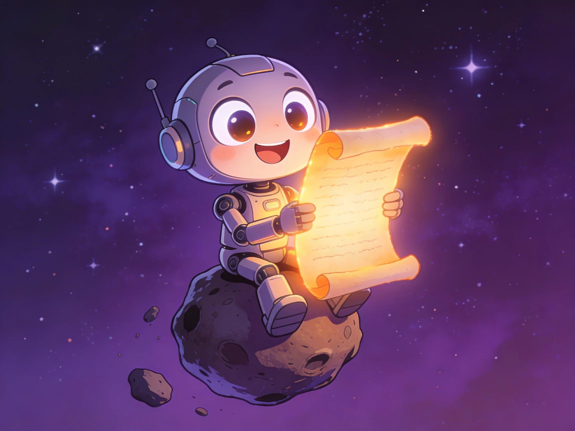 Robot reading a parchment scroll in space