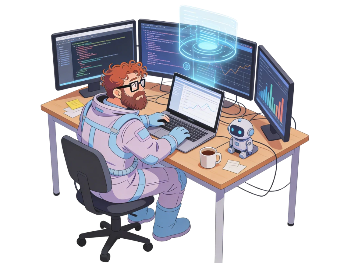 Kafka coding at a desk with multiple monitors and a small robot