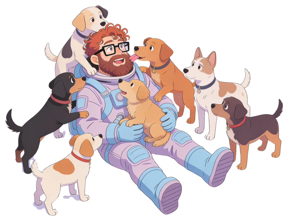 Kafka sitting on the floor surrounded by happy dogs