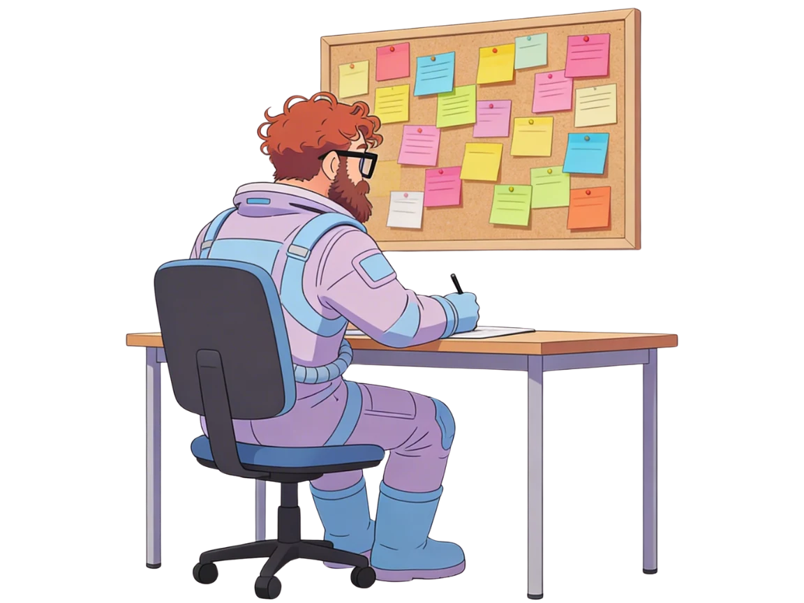 Kafka planning at a desk with a board full of colorful notes